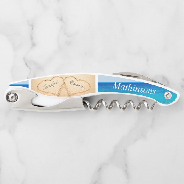 Chic Dusty Blue Beach Wedding 2 Heart Sand Waiter's Corkscrew (Front)