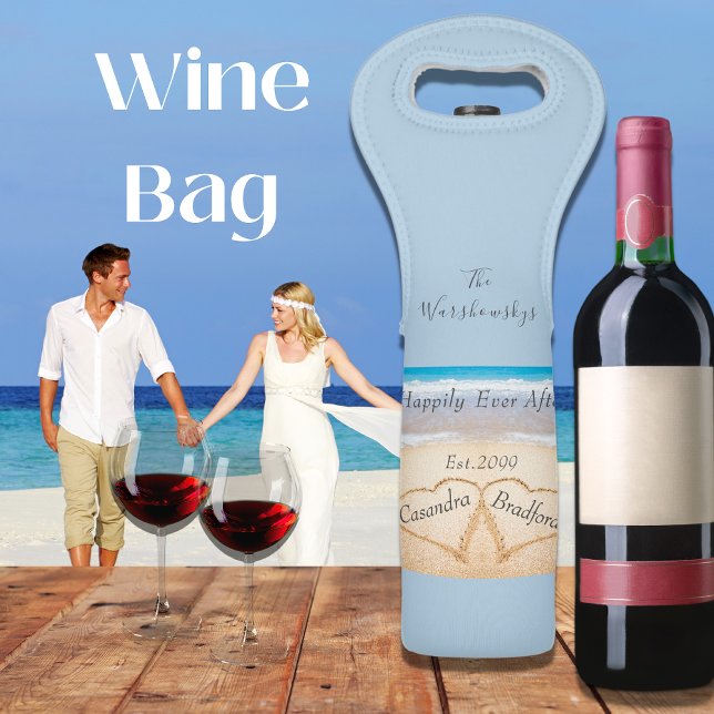 Chic Dusty Blue Beach Wedding 2 Heart Sand Wine Bag (Creator Uploaded)