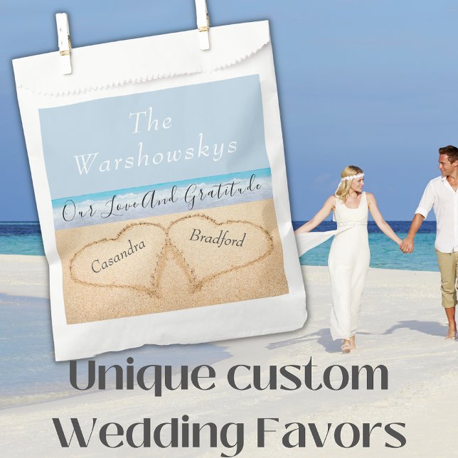 Chic Dusty Blue Beach Wedding 2 Hearts in Sand Favor Bag (Creator Uploaded)