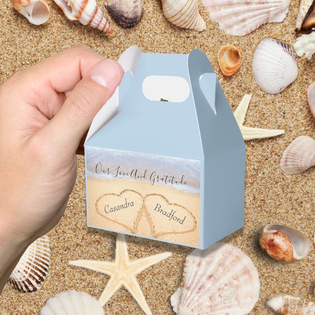 Chic Dusty Blue Beach Wedding 2 Hearts in Sand Favor Boxes (Creator Uploaded)