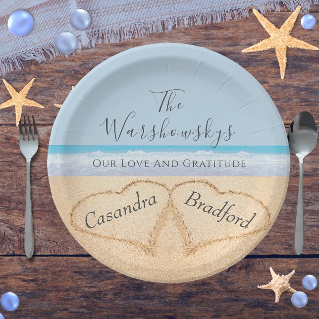 Chic Dusty Blue Beach Wedding 2 Hearts in Sand Paper Plates (Creator Uploaded)