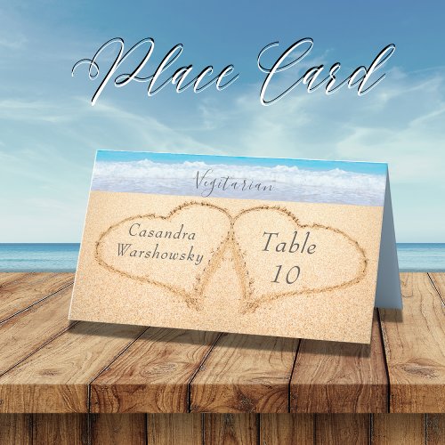 Chic Dusty Blue Beach Wedding 2 Hearts in Sand Place Card