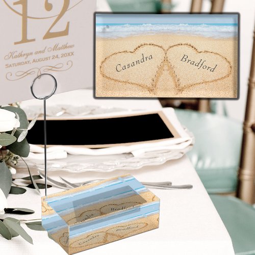 Chic Dusty Blue Beach Wedding 2 Hearts in Sand Place Card Holder