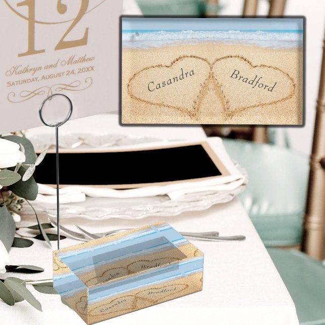 Chic Dusty Blue Beach Wedding 2 Hearts in Sand Place Card Holder (Creator Uploaded)