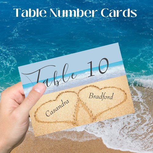 Chic Dusty Blue Beach Wedding 2 Hearts in Sand Table Number