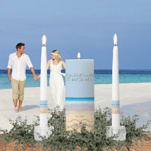 Chic Dusty Blue Beach Wedding 2 Hearts in Sand   Unity Candle Set