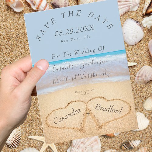 Chic Dusty Blue Beach Wedding Hearts Sand wedding  Invitation