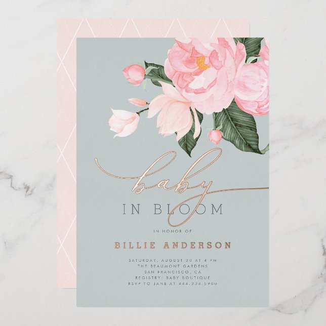 Chic Dusty Blue Blush Floral Baby in Bloom Shower Foil Invitation (Front/Back)
