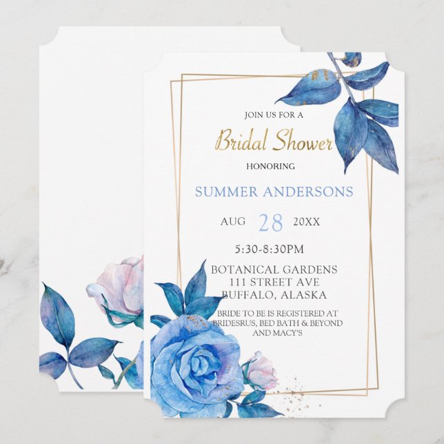Chic Dusty Blue Blush Gold Roses Bridal Shower Invitation (Front/Back)