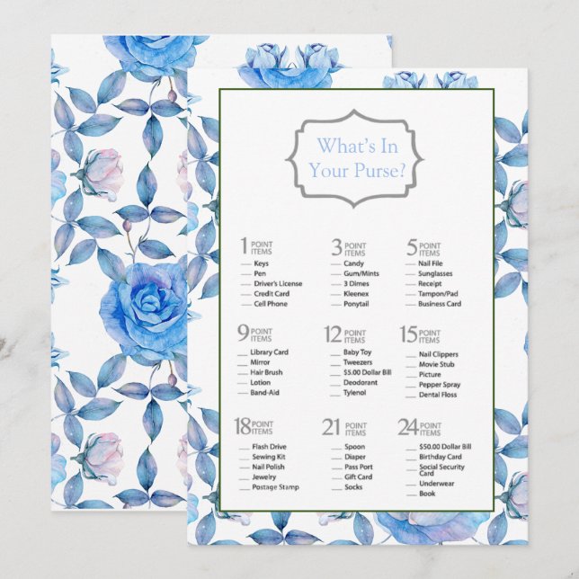 Chic Dusty Blue Blush Roses Bridal Shower Game Invitation (Front/Back)