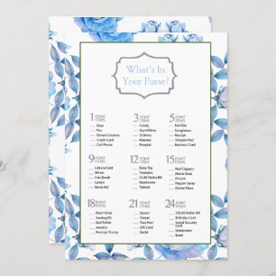 Chic Dusty Blue Blush Roses Bridal Shower Game Invitation