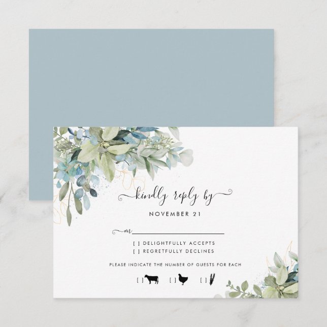 Chic Dusty Blue Botanical Wedding Meal RSVP Card (Front/Back)