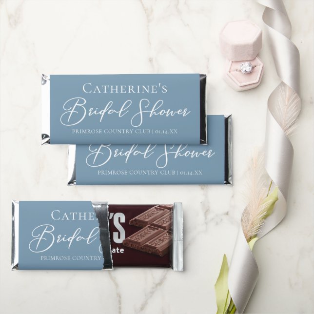 Chic Dusty Blue Bridal Shower Personalized Hershey Bar Favors (Front)