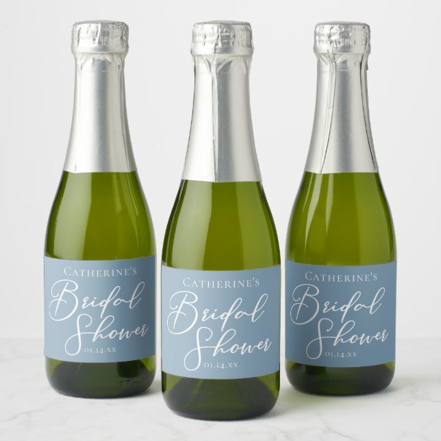 Chic Dusty Blue Bridal Shower Personalized Mini Sparkling Wine Label (Bottles)