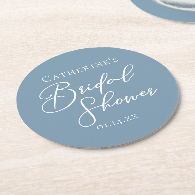 Chic Dusty Blue Bridal Shower Personalized Round Paper Coaster (Angled)