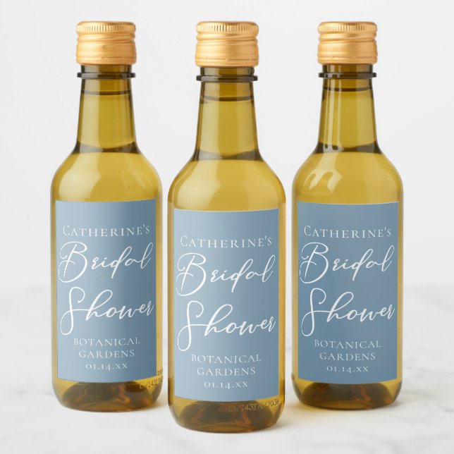 Chic Dusty Blue Bridal Shower White Personalized Wine Label (Bottles)