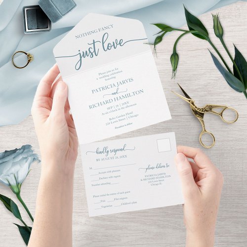 Chic Dusty Blue Calligraphy Casual Wedding All In One Invitation