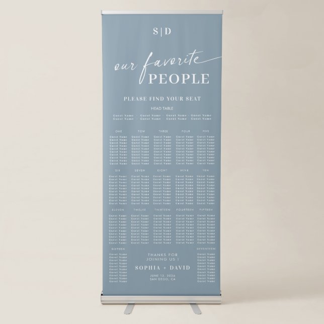 Chic Dusty Blue Calligraphy Wedding Seating Chart Retractable Banner (Front)