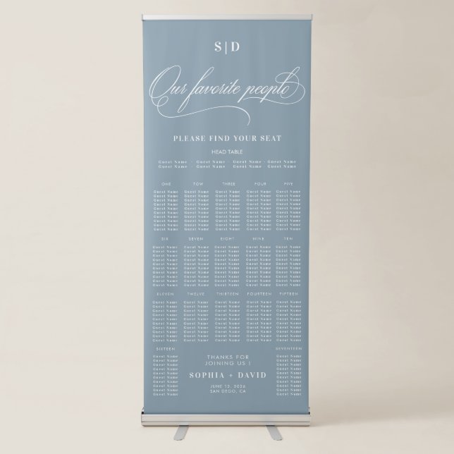 Chic Dusty Blue Calligraphy Wedding Seating Chart Retractable Banner (Front)