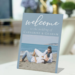 Chic Dusty Blue Couple Photo Wedding Welcome Pedestal Sign