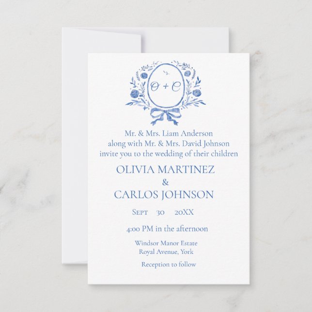 Chic Dusty Blue Crest Monogram elegant Wedding  Invitation (Front)