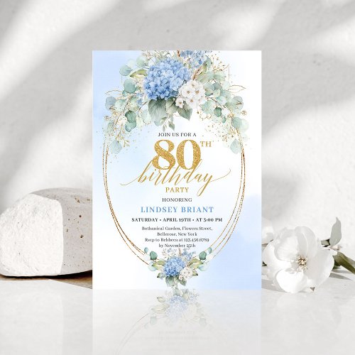 Chic Dusty Blue Eucalyptus 80th Birthday Invite