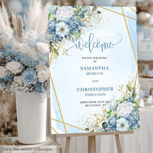 Chic Dusty Blue Eucalyptus Gold Wedding Welcome Foam Board
