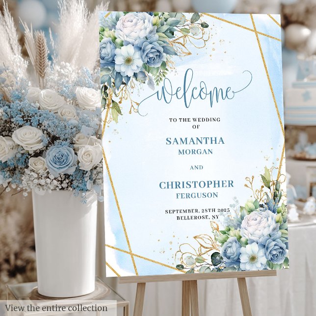 Chic Dusty Blue Eucalyptus Gold Wedding Welcome Foam Board (Chic Dusty Blue Eucalyptus Gold Wedding Welcome)