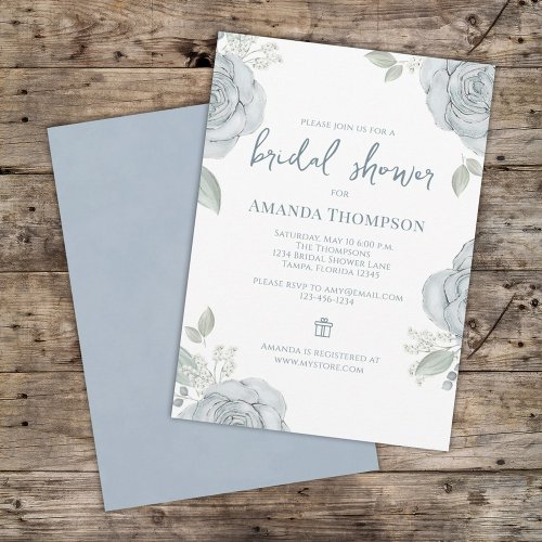 Chic Dusty Blue Floral Bridal Shower Gift Registry Invitation