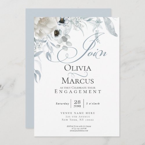 Chic Dusty Blue Floral Engagement Invitation