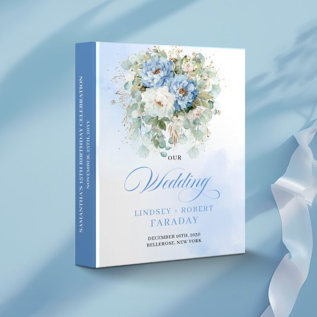 Chic Dusty Blue Floral Eucalyptus Wedding Memory  3 Ring Binder (Chic Dusty Blue Floral Eucalyptus Wedding Memory Album)