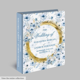 Chic Dusty Blue Floral Glitter Wedding Ring Binder
