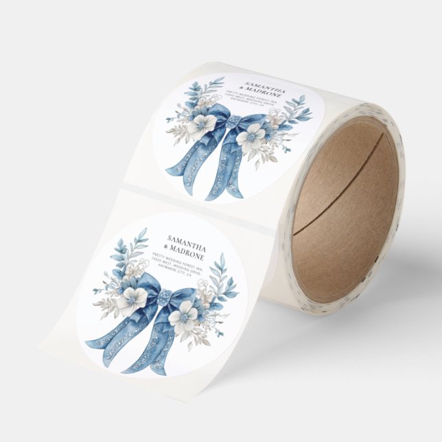 Chic Dusty Blue Floral Ribbon Bow Stickers (Roll)