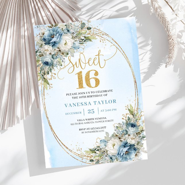 Chic Dusty Blue Floral Sweet 16th Birthday Invites (Chic Dusty Blue Floral Sweet 16th Birthday Invitation)