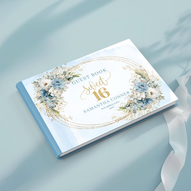 Chic Dusty Blue Floral Sweet Sixteen Guest Sign  Book (Chic Dusty Blue Floral Sweet Sixteen Guest Sign Book)
