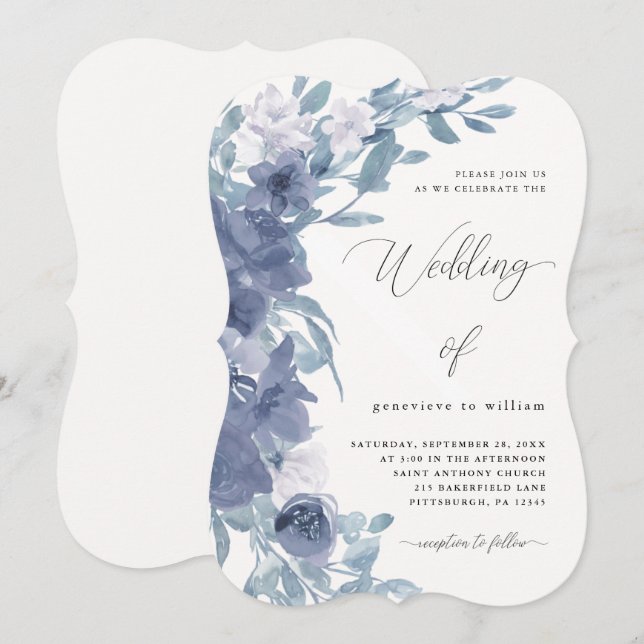 Chic Dusty Blue Floral with Calligraphy Wedding Invitation (Front/Back)