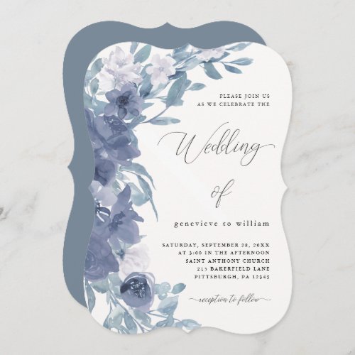 Chic Dusty Blue Floral with Calligraphy Wedding Invitation