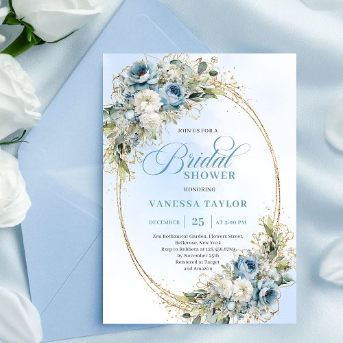 Chic Dusty Blue Flowers Gold Bridal Shower Invite
