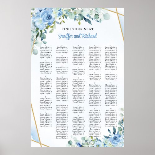 Chic Dusty blue flowers gold frame Alphabetical Poster