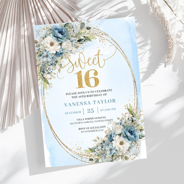Chic Dusty Blue Flowers Sweet Sixteen Birthday  Invitation (Chic Dusty Blue Flowers Sweet Sixteen Birthday Invitation

)