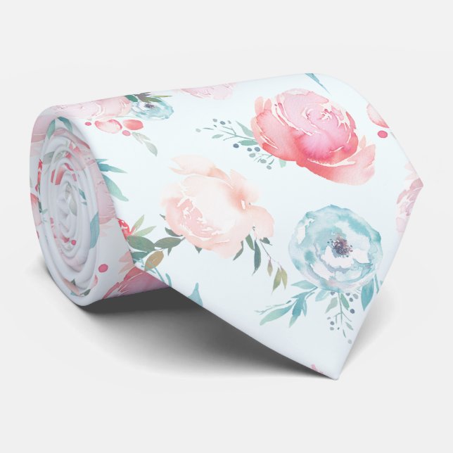 Chic Dusty Blue French Garden Floral Peony Pattern Neck Tie (Rolled)