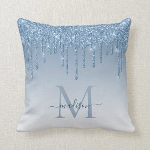 Chic Dusty Blue Glitter Drips Glam Monogram Script Throw Pillow