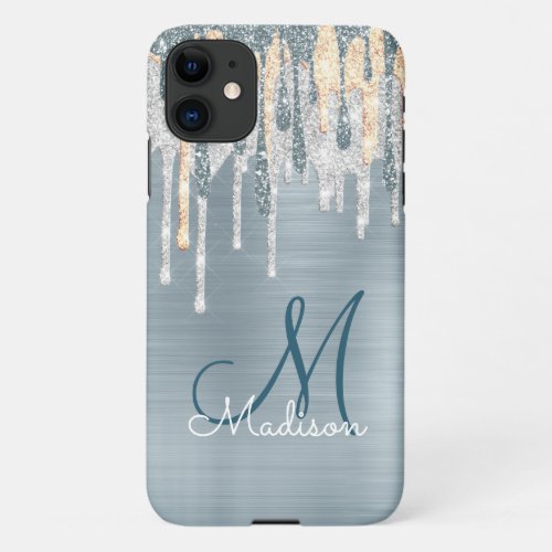 Chic dusty blue gold dripping monogram iPhone 11 case