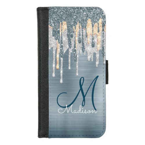Chic dusty blue gold dripping monogram iPhone 87 wallet case