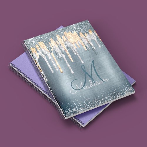 Chic dusty blue gold dripping monogram notebook