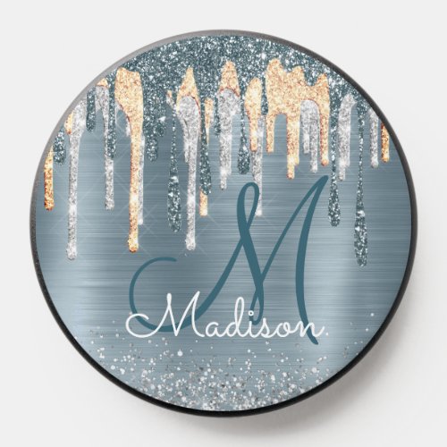 Chic dusty blue gold dripping monogram PopSocket