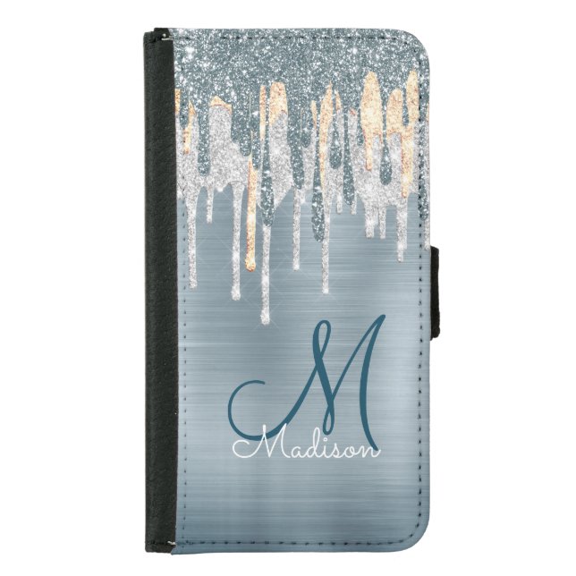 Chic dusty blue gold dripping monogram samsung galaxy wallet case (Front)