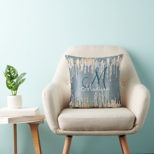 Chic dusty blue gold dripping monogram throw pillow