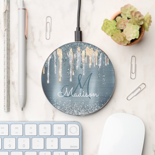 Chic dusty blue gold dripping monogram wireless charger 