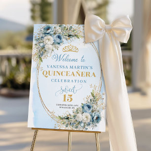 Chic Dusty Blue Gold Greenery Quinceañera Welcome  Foam Board